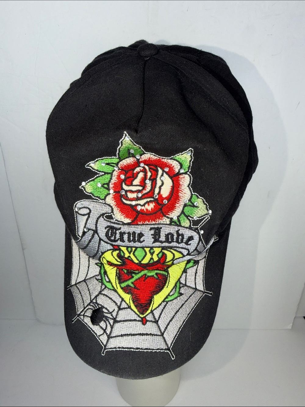 True Love Embroidered Black Cap with Red Rose Design